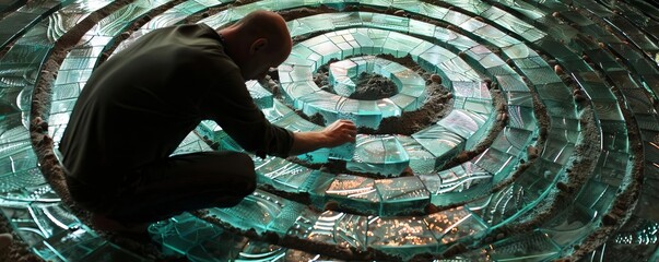 A visionary artist constructing a labyrinth from recycled glass and mirrors, creating an endless reflection