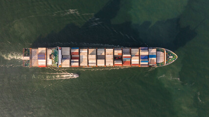 Aerial view container cargo ship maritime carrying container, Global business import export logistic freight shipping transportation international by container cargo ship, Container fright shipping.