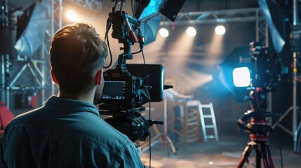 unrecognizable Production team shooting some video movie for tv commercial with studio equipment set