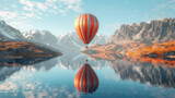 Hot air balloon reflecting in a calm lake, mountains in the background.