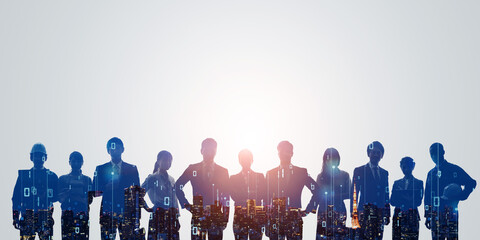 Poster - Group of multinational businesspeople and digital technology concept. Wide angle visual for banners or advertisements.