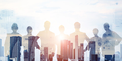 Poster - Group of multinational businesspeople and digital technology concept. Wide angle visual for banners or advertisements.