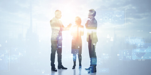 Poster - Group of multinational businesspeople and digital technology concept. Wide angle visual for banners or advertisements.