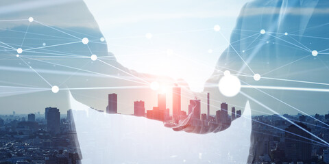 Poster - Group of businesspeople shaking hands and communication network concept. Wide angle visual for banners or advertisements.