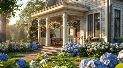 The elegant facade of a country farm house with a porch, flanked by blooming hydrangeas