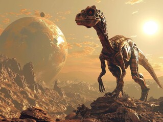 a dinosaur-like creature roams a rocky landscape on an alien planet, with a giant celestial body loo