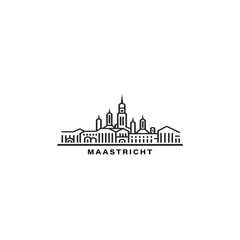 Wall Mural - Maastricht cityscape skyline city panorama vector flat modern logo icon. Netherlands, Holland town emblem idea with landmarks and building silhouettes. Isolated thin line graphic