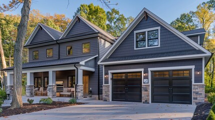 The fresh look of a new construction home with contemporary gray siding, stone columns, and a pair of garages, the front porch adorned with modern furniture at noon