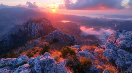 Wall Mural - Sunrise over the rocky mountains of Plitvice in Croatia, overlooking the sea and clouds. Created with AI