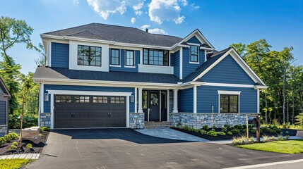 Wall Mural - The pristine appearance of a modern home with a two-car garage, blue siding, and stone trim on a sunny day