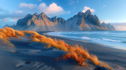 Wall Mural - A breathtaking view of the Vestrahorn mountain range in Iceland. Golden sand dunes with orange grass on the beach.. Created with Ai