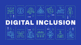 Fototapeta  - Digital inclusion blue word concept. Web accessibility, communication technology. Cloud storage. Horizontal vector image. Headline text surrounded by editable outline icons. Hubot Sans font used