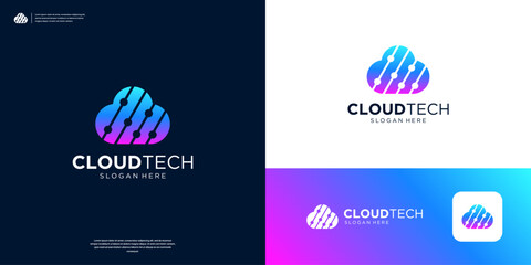 Wall Mural - Tech cloud logo with connection data transfer symbol logo design.