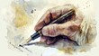 Gentle watercolor of a hand holding a vintage fountain pen, ink about to flow, the bandaged wound suggesting a story of resilience