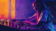 DJ woman with headphones at a music mixing console. Digital art