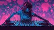 DJ woman with headphones at a music mixing console. Digital art