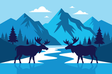 Two moose in wildlife at beautiful lake in blue mountains vector illustration