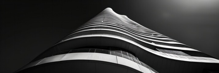 black and white photo of a curved skyscraper, modern architecture in a low angle shot of the buildin