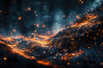Wall Mural - A background of dark blue and orange, with glowing particles in the air, resembling stars or nebulae. Created with Ai