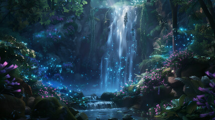 A beautiful, serene forest scene with a waterfall and a pond. The water is illuminated by the stars, creating a magical and peaceful atmosphere