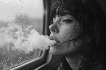 Wall Mural - face of a woman against a train window blowing out smoke - black and white photo
