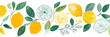 elegant summer fruits, lemons, oranges, leaves, white background, minimalist
