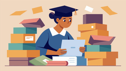 Wall Mural - A recent high school graduate browses through boxes of financial aid documents overwhelming and confusing.. Vector illustration