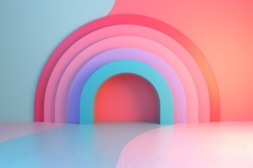 Vibrant 3D Abstract Rainbow Arch Drawing the Viewer s Attention in a Minimalist Pastel Digital Backdrop