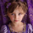 A young girl's proud stride in a princess costume on purple background. Little girl on purple background, beautiful princess dress . Generative ai