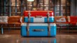 Red and blue retro suitcases on a glossy floor in a modern library setting.