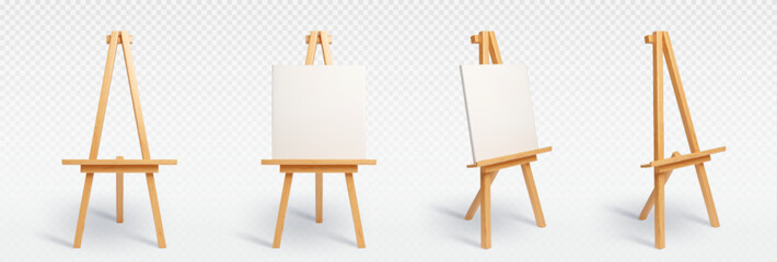3D set of easel stands isolated on transparent background. Vector realistic illustration of wooden tripod with blank white canvas, front and side view, art studio or painting school design elements