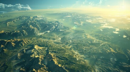 Wall Mural - Panoramic view of beautiful rainforest. Beautiful sky, mountains and jungle. Aerial view. Prehistoric earth. Ai-generated.