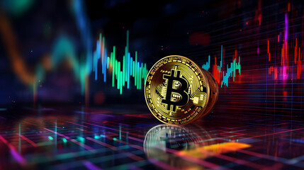 Wall Mural - Golden Bitcoin on digital background