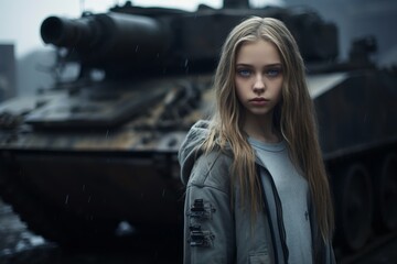 Wall Mural - young woman standing in front of a military tank