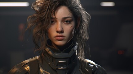 futuristic woman in space suit with curly hair