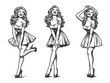 pin-up women, each displaying unique poses and fashionable dresses sketch engraving generative ai fictional character raster illustration. Scratch board imitation. Black and white image.