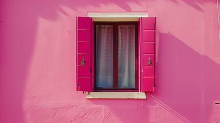 This image showcases a vibrant pink wall adorned with a white frame and a green window, set against the backdrop of Venice, Italy. The bold color choices create a striking contrast that adds depth 