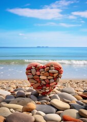 Wall Mural - heart-shaped stones on beach with ocean view