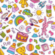 © Foxelle - Preschool kindergarten doodle seamless pattern. Educational toys, montessori activities, doodle drawing, line art. Children vector illustration