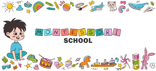 Kindergarten doodle set. Cute daycare hand drawn vector illustrations with toy, animal, activities, hopscotch. Childish cute preschool and school activity, education doodle background