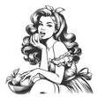 pin-up girl holding a fresh apple, adorned with a stylish bow and luxurious hair sketch engraving generative ai fictional character raster illustration. Scratch board imitation. Black and white image.