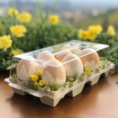 Poster - Easter eggs in a carton with spring flowers