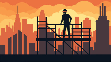 Wall Mural - The silhouette of a construction worker standing atop a scaffolding surveying the city skyline in the warm light of a sunset representing the impact. Vector illustration