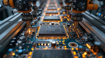 Automated PCB Assembly Line. Conveyor with Advanced High Precision Robot Arms at Electronics Manufacturing Factory. Component Installation on Circuit Board. Semiconductor Production Industry