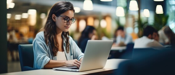 Young woman student study in the school library. She using laptop and learning online with blurred other people background