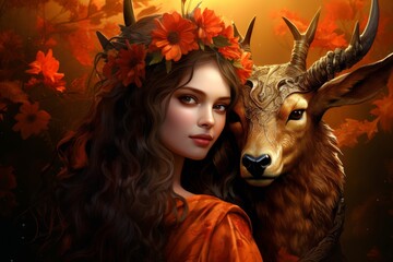 Poster - fantasy autumn portrait with woman and deer