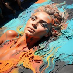 Sticker - artistic portrait of a woman with colorful makeup and hair