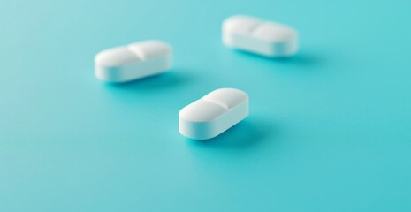 White pills are placed together on a blue table with space for text, bright colors, bold shapes, and colors of light teal, light azure, muted aesthetics, and minimalist compositions.