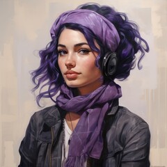 Poster - Stylish young woman with purple hair and headphones