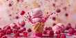 © t.sableaux - Raspberry ice cream in a waffle cone close-up in the splash of raspberry juice, summer creative dessert banner